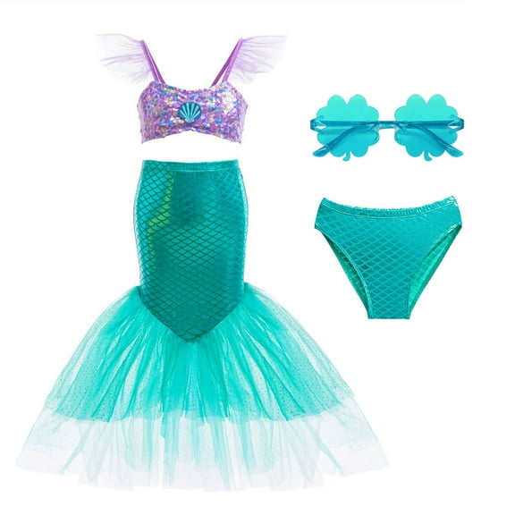 Little Girls Mermaid Costume w/Sunglasses Bathing Suit Beach Swimwear, Size 3-4T