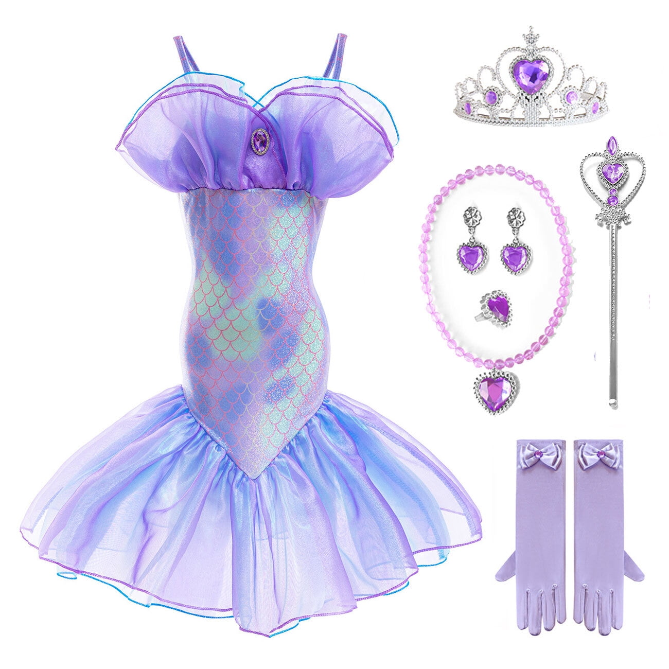 Little Girls Mermaid Costume Set - Complete Dress Up Kit With Crown & Accessories