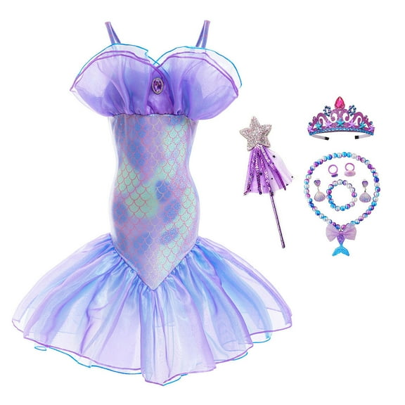 Little Girls Mermaid Costume with Accessories Halloween Purple Princess Cosplay Dress, Size for 2-3T