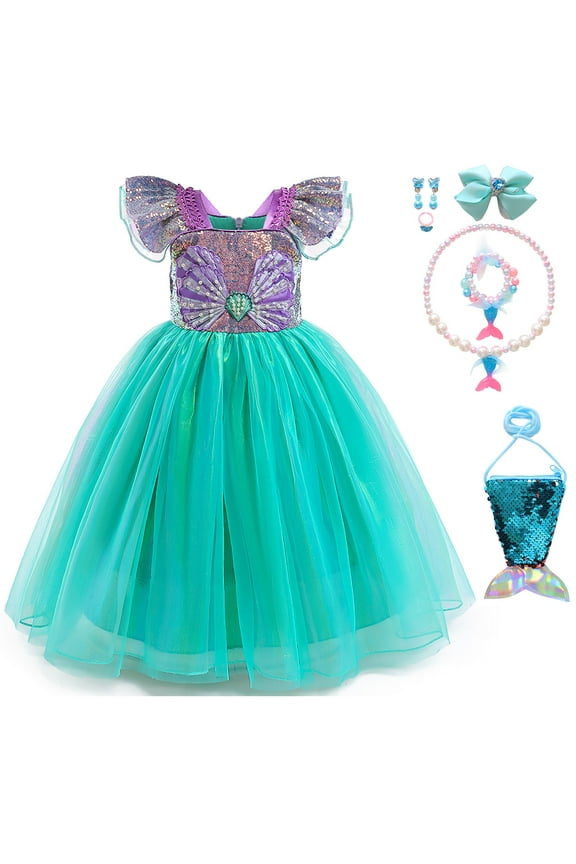 Little Girls Mermaid Princess Dress with Accessories Dressed Up Party for 3-8Y