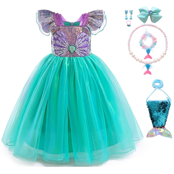 Little Girls Mermaid Princess Dress with Accessories Dressed Up Party for 3-8Y