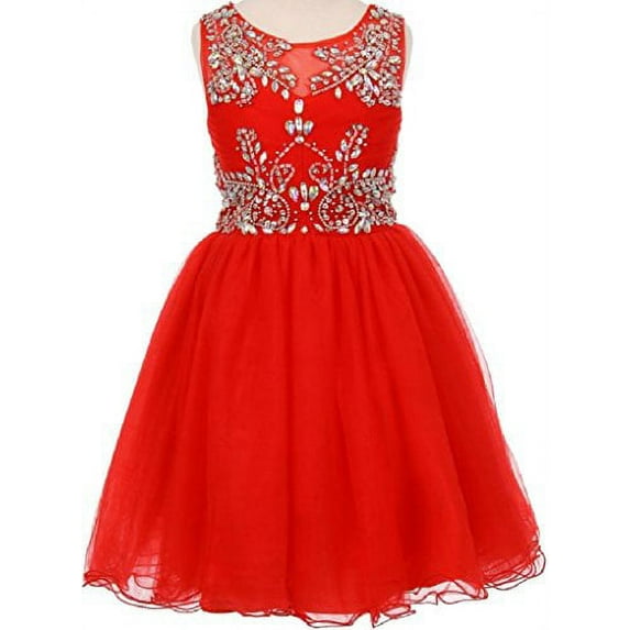 Little Girls Mesh Junior Bridesmaid Beaded Princess Flowers Girls Dresses Red 4 (C650C07)