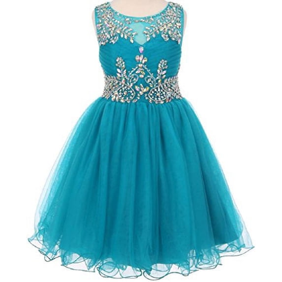 Little Girls Mesh Junior Bridesmaid Beaded Princess Flowers Girls Dresses Teal 4 (C650C07)