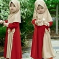 thumbnail image 1 of Little Girls Muslim Clothes Muslim Long Dress Girls' Long-sleeved Round Neck Patchwork Color Long Dress+Headband Cover Two-piece Set Red 2-3 Years, 1 of 8