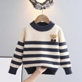thumbnail image 1 of Little Girls Navy Teddy Bear Striped Mock Neck Knitted Cotton Sweater - 5 Years, Cozy Breathable for Fall Winter Daily/School Wear, 1 of 3