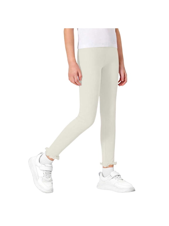 Little Girls White Ribbed Ruffle Ankle Leggings Kids School Play Active Bottoms,Size 7 T