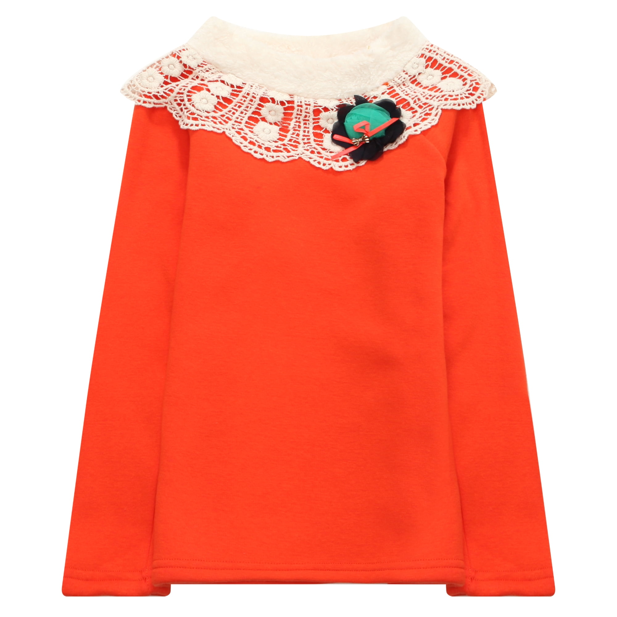 Little Girls Orange Flower Lace Faux Fur Collar Pullover 2/3