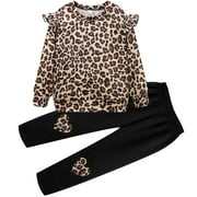 Little Girls Outfit Casual Leopard Sweatshirt Top Leggings Set Toddler School Winter Clothing set 6782-8T