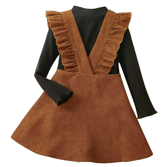 Little Girls Outfit Set Solid Ruffles Ribbed Top Skirt Child Sports