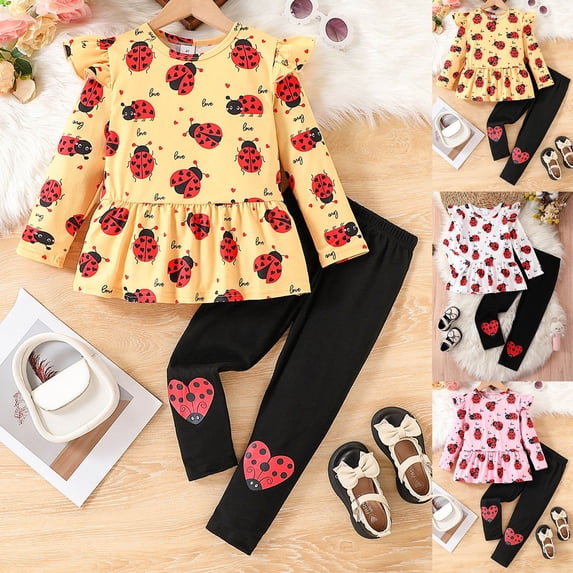 Little Girls Outfit Sets 2 Piece Spring Fall All Over Ladybug Print Long Sleeve Top with Leggings Set Size 4-5Y