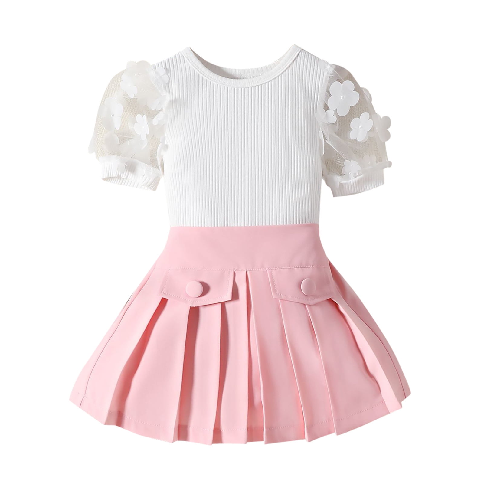 Little Girls Outfit Sets Kids Lace Short Sleeve Ribbed T Shirt Tops ...