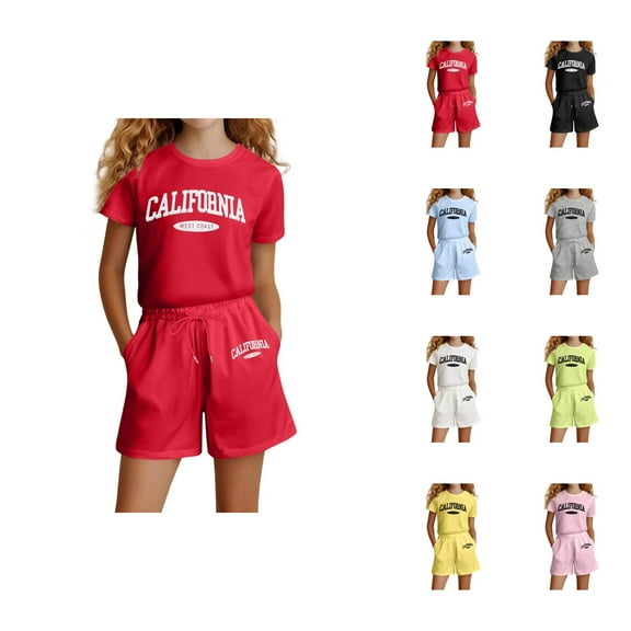 Little Girls Outfits Girl Sets Girls Fashion Letter Print Casual Loose Short Sleeve Suit(4 14 Ages)
