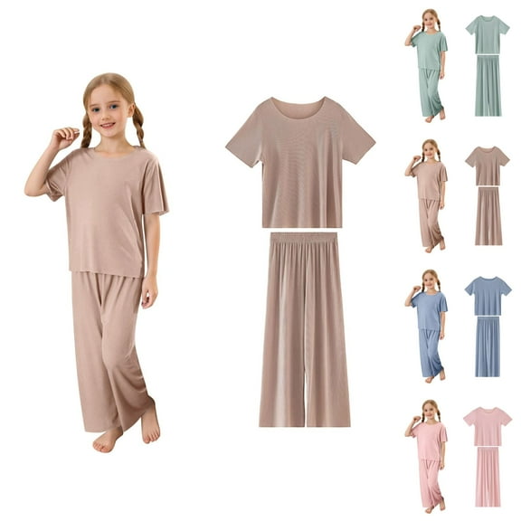 Little Girls Outfits Girl Sets Girls Summer Outfits Soft Ribbed Round Neck Short Sleeve Long Pants Set Casual Comfortable Loungewear For Toddler And Kids