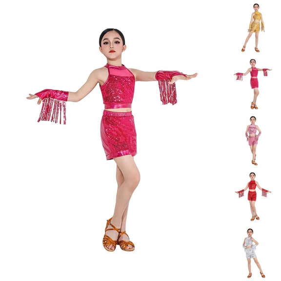 Little Girls Outfits Girls' Clothing Sets Girls Dance Outfits Performance Sleeveless Top Shorts Fringe Set For Kids Toddler Age 3 12 Summer Elastic Playwear