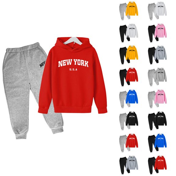 Little Girls Outfits Girls Sets Children Kids Casual Letter Printed Long Sleeve Hoodie Pullover Sweatshirt Tracksuit Jogger Sweatpants Unisex 2 PC Sweatsuit Set