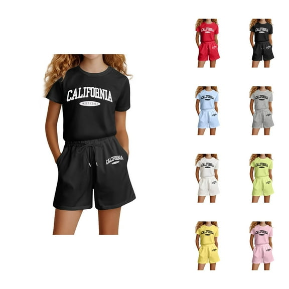 Little Girls Outfits Girls Sets Girls Fashion Letter Print Casual Loose Short Sleeve Suit(4 14 Ages)