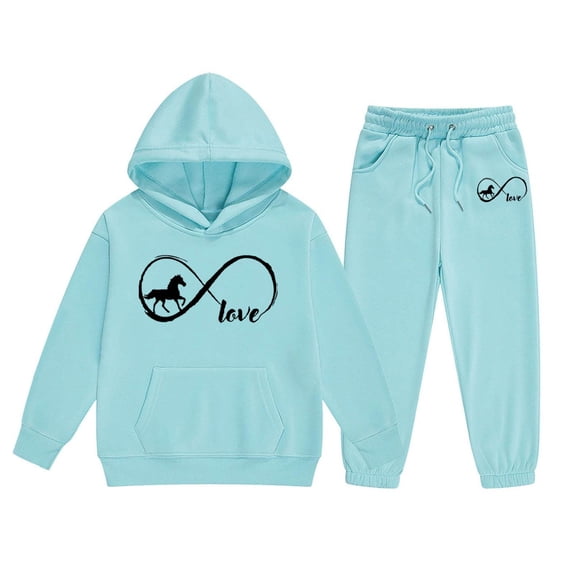 Little Girls Outfits Set Cute Letter Print Hoodie Pants Comfy Casual Two Piece Outfit Kids Winter Clothing Sky Blue Size 6-7T