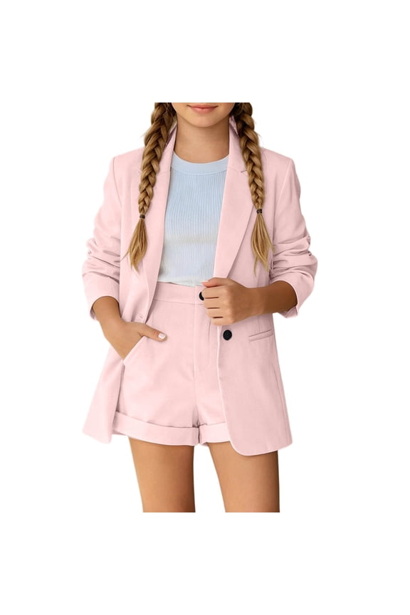 Little Girls Outfits Set Outfit Set Girls Button Front Blazer Match Short Pants Formal Two Piece Set Neat Tailored Design Event Wear Kids Party Gathering Formal Outfit Pink 5T-6T