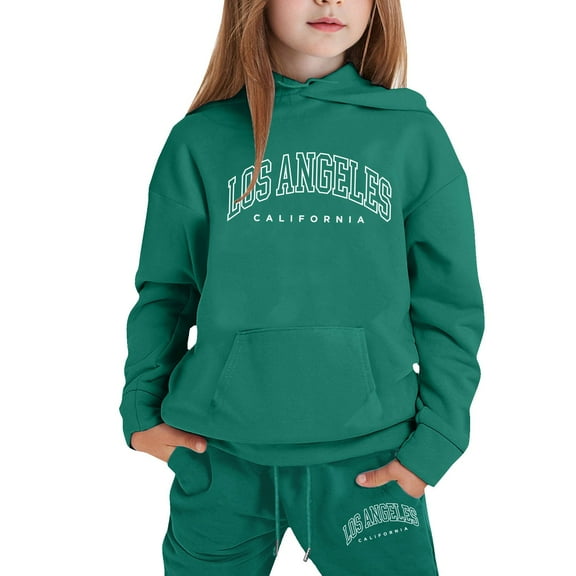 Little Girls Outfits Sets Casual Winter Wear Trendy Printed Hooded Sweatshirt Cute Girls Fall Clothes Dark Green Size 6-7T