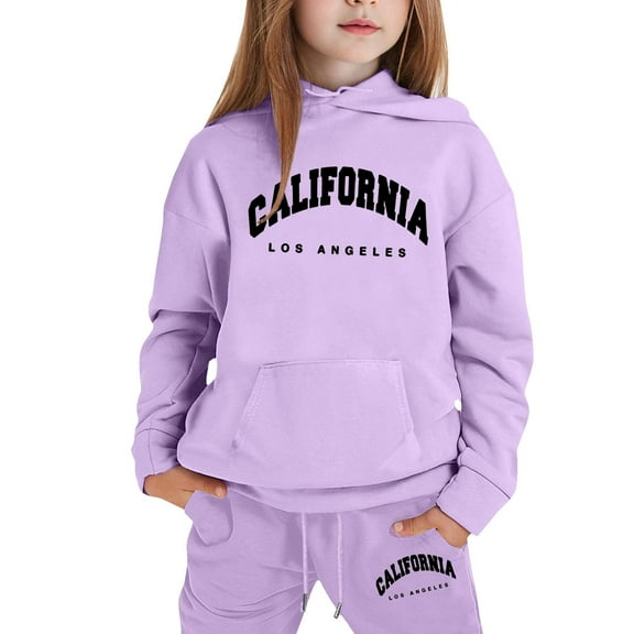 Little Girls Outfits Sets Casual Winter Wear Trendy Printed Hooded Sweatshirt Cute Girls' Fall Clothing Sets Purple Size 7-8T