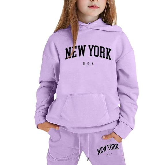 Little Girls Outfits Sets Casual Winter Wear Trendy Printed Hooded Sweatshirt Fall Girls Clothing Sets Purple Size 7-8T