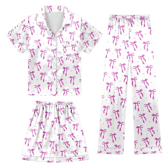 Little Girls Outfits Sets Silk Like Printed Pajama Soft Satin Sleepwear Kids Cute Girls' Fall Clothing Sets Light Purple Size 6-7T