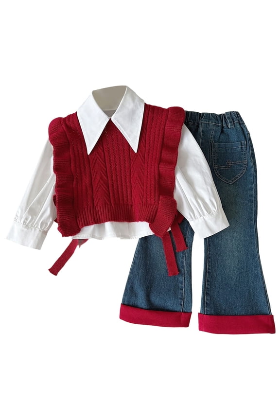 Little Girls Outfits Sets Spring Knitted Jacket Long Sleeved Shirt Jeans Three Piece Cute Girls Fall Clothes Red Size 7-8T