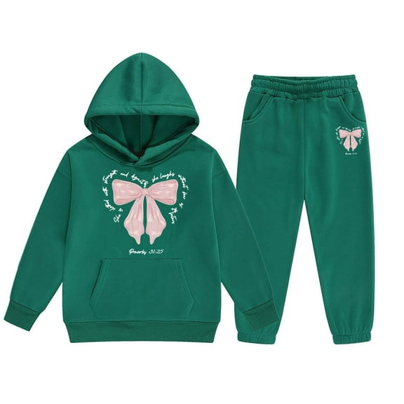 Little Girls Outfits Sets Winter Hoodie Joggers Comfy Casual Kids Print Cute Girls Fall Clothes Dark Green Size 6-7T