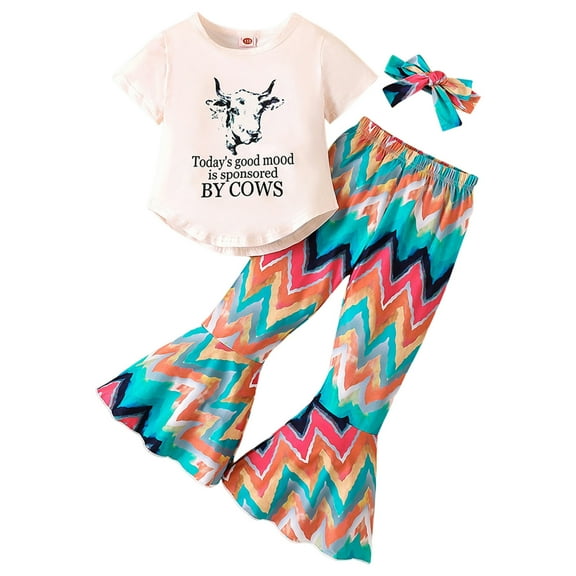 Little Girls' Outfits Summer Short Sleeve Letter Cow Prints Tops Pants Two Pieces Children Sets for Girls Size 7-8T
