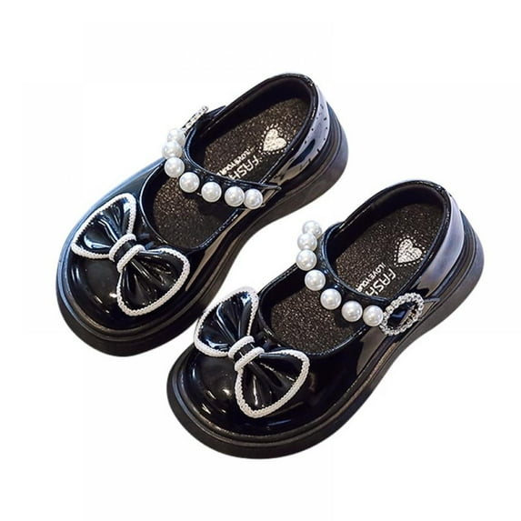 Little Girls PU Leather Shoes with Bow-knot Pearls Beading Princess Soft Toddler Flats Kids Shoes