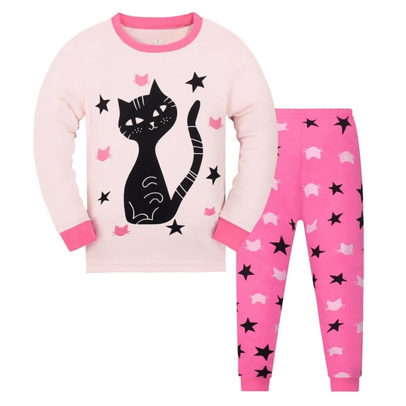 Little Girls Pajamas Outfit Long Sleeve Cat Prints Crewneck Sweatshirts Pants 2PCS Outfits Toddler Kids Sleepwear Clothes Set For Fall Winter