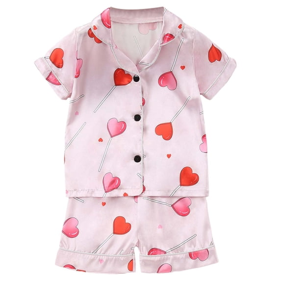 Little Girls Pajamas Set Silk Satin Cute Heart Printed Short Sleeve Button Down Shirts Shorts Toddler Summer Pajamas Girls Pajamas Size 4T