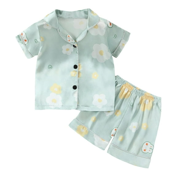Little Girls Pajamas Sleepwear Outfits Satin Short Sleeve Shirt and Shorts Homewear Pj's