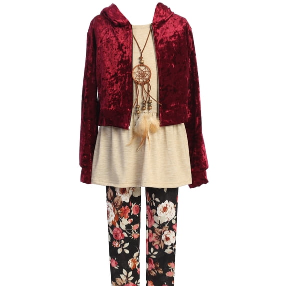 Little Girls Pant Set Velvet Hoodie Jacket Tank Top Floral Legging Pants Winter Set Burgundy 4 (J20KS99)
