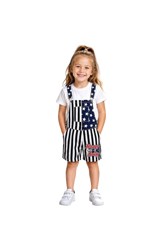 Little Girls Pants 4th Of July Print Suspender Shorts for Kids – Patriotic USA Theme Shorties for Boys Pants Size 6-7T