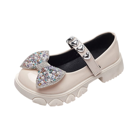 Little Girls Patent Leather Slip-On Penny Loafer Glitter Bow Low Heel School Uniform Dress Shoes for Girls (36,Beige)