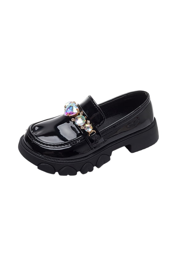 Little Girls Patent Leather Slip-On Penny Loafer Rhinestones Flats Black White School Uniform Dress Shoes for Girls (32,Black)
