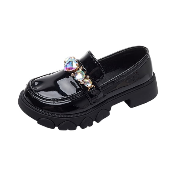 Little Girls Patent Leather Slip-On Penny Loafer Rhinestones Flats Black White School Uniform Dress Shoes for Girls (36,Black)