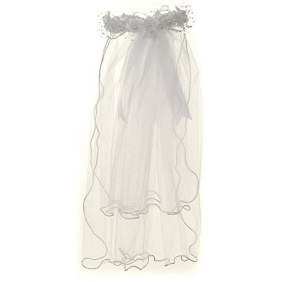 Little Girls Pearl Accented Flower Crown Tiara Mesh Communion Veil White Ribbon