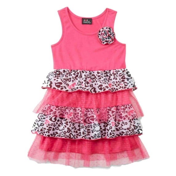 Little Girls Pink & Black Leopard Print Ruffled Tiered Sleeveless Sun Dress 4