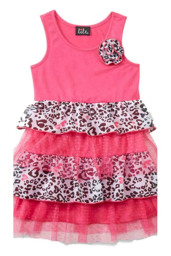 Little Girls Pink & Black Leopard Print Ruffled Tiered Sleeveless Sun Dress 6