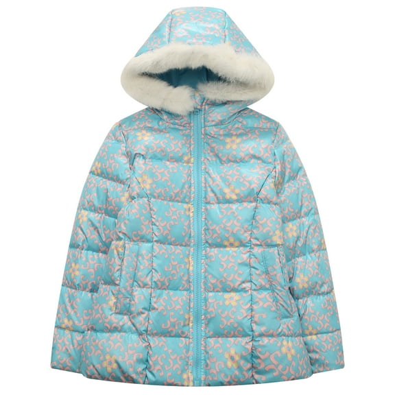 Little Girls Pink Black Print Fake Faux Fur Hood Padding Jacket 3/4