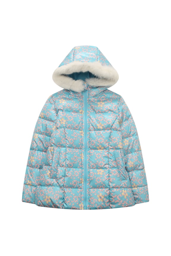 Little Girls Pink Black Print Fake Faux Fur Hood Padding Jacket 4/5