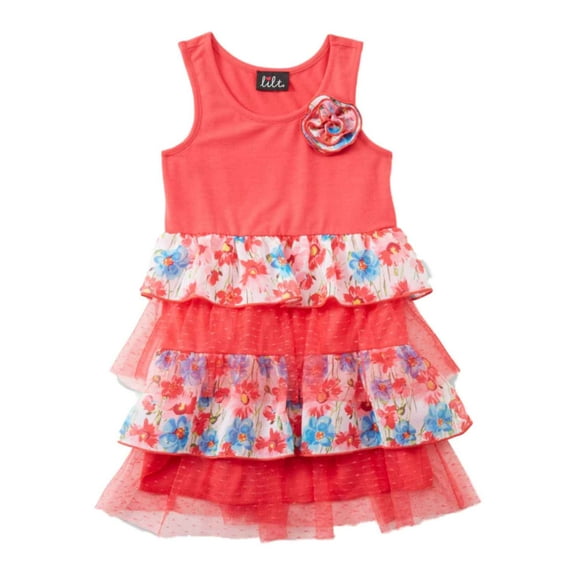 Little Girls Pink & Blue Floral Print Ruffled Tiered Sleeveless Sun Dress 5