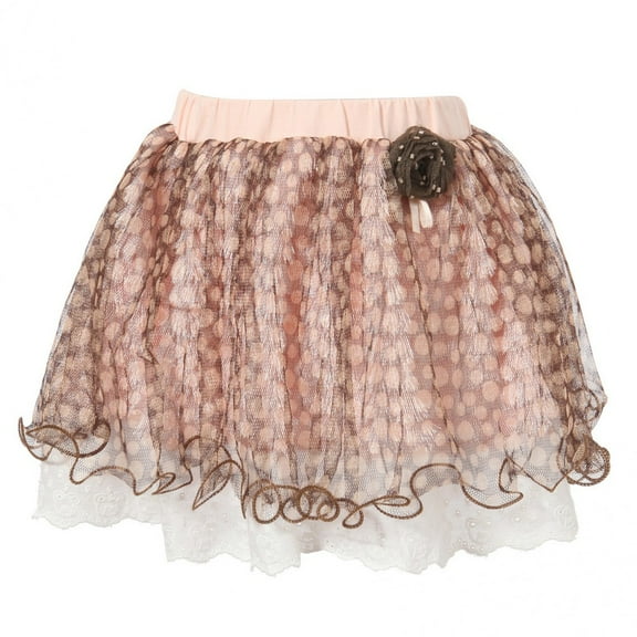 Little Girls Pink Coffee Polka Dot Mesh Covered Sweet Skirt 3/4