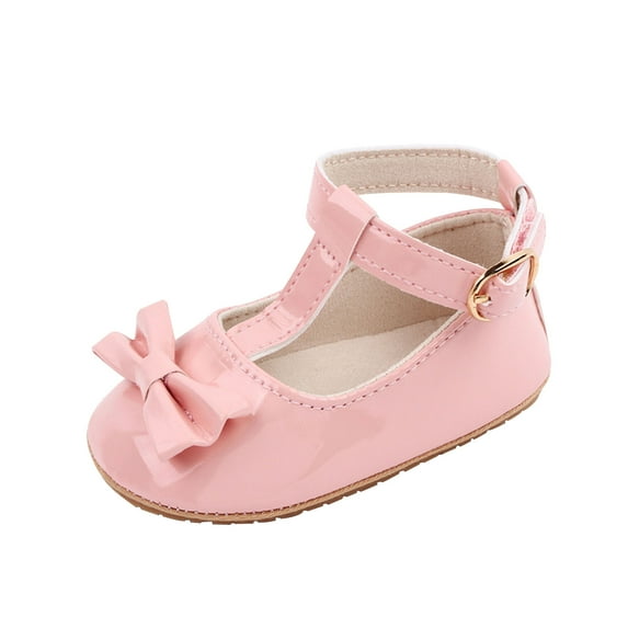 Little Girls Pre-Walker Leather Shoes 6-12M - Bowknot Buckle Mary Jane Dress Shoes Anti-Slip Rubber Sole Footwear
