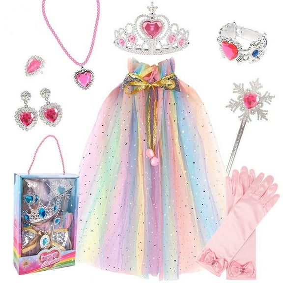 Little Girls Princess Dress up Trunk Multicolour Cape Jewelry Gift Set for Birthday Party Halloween Carnival 3-8 Years