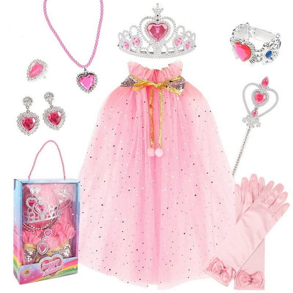 Little Girls Princess Dress up Trunk Pink Cape Jewelry Gift Set for Birthday Party Halloween Carnival 3-8 Years