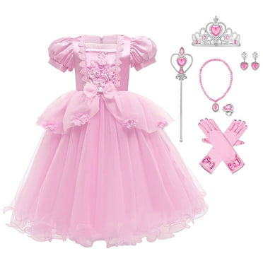 Little Girls Princess Halloween Cosplay Outfits for Kids Party Fancy Dress up Long Evening Gown 3-4 Years Pink