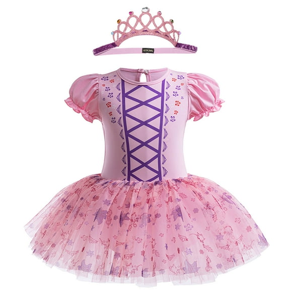 Little Girls Princess Leotards Tutu Dress Costume with Headband Halloween Cosplay Outfits, Size 5-6Y